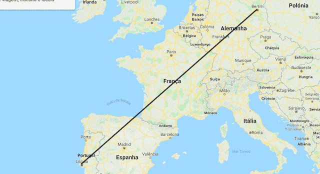 Mapa da viagem de trem de Berlim a Lisboa