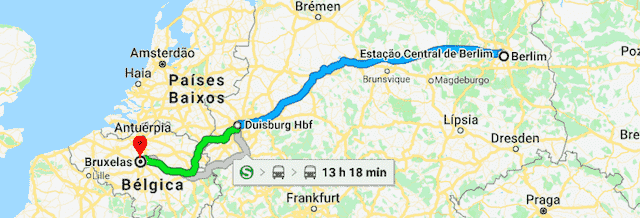 Mapa da viagem de trem de Berlim a Bruxelas