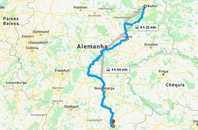 Mapa da viagem de trem de Berlim a Munique