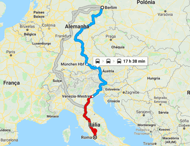 Mapa da viagem de trem de Berlim a Roma