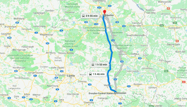 Mapa da viagem de trem de Dresden a Berlim