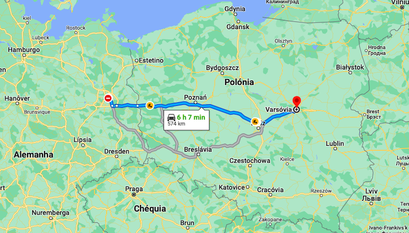 Viagem de carro de Berlim à Varsóvia - mapa