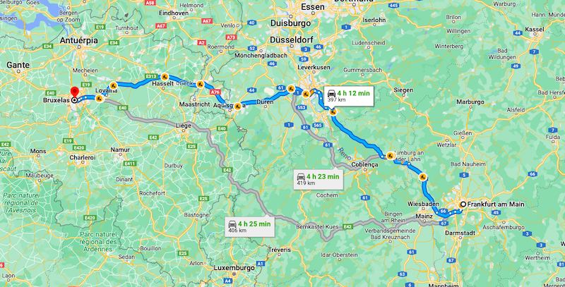 Distância entre Frankfurt e Bruxelas de carro